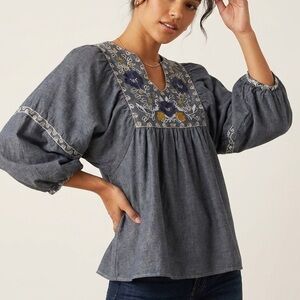Boho Denim Blue Embroidered Max Studio Blouse